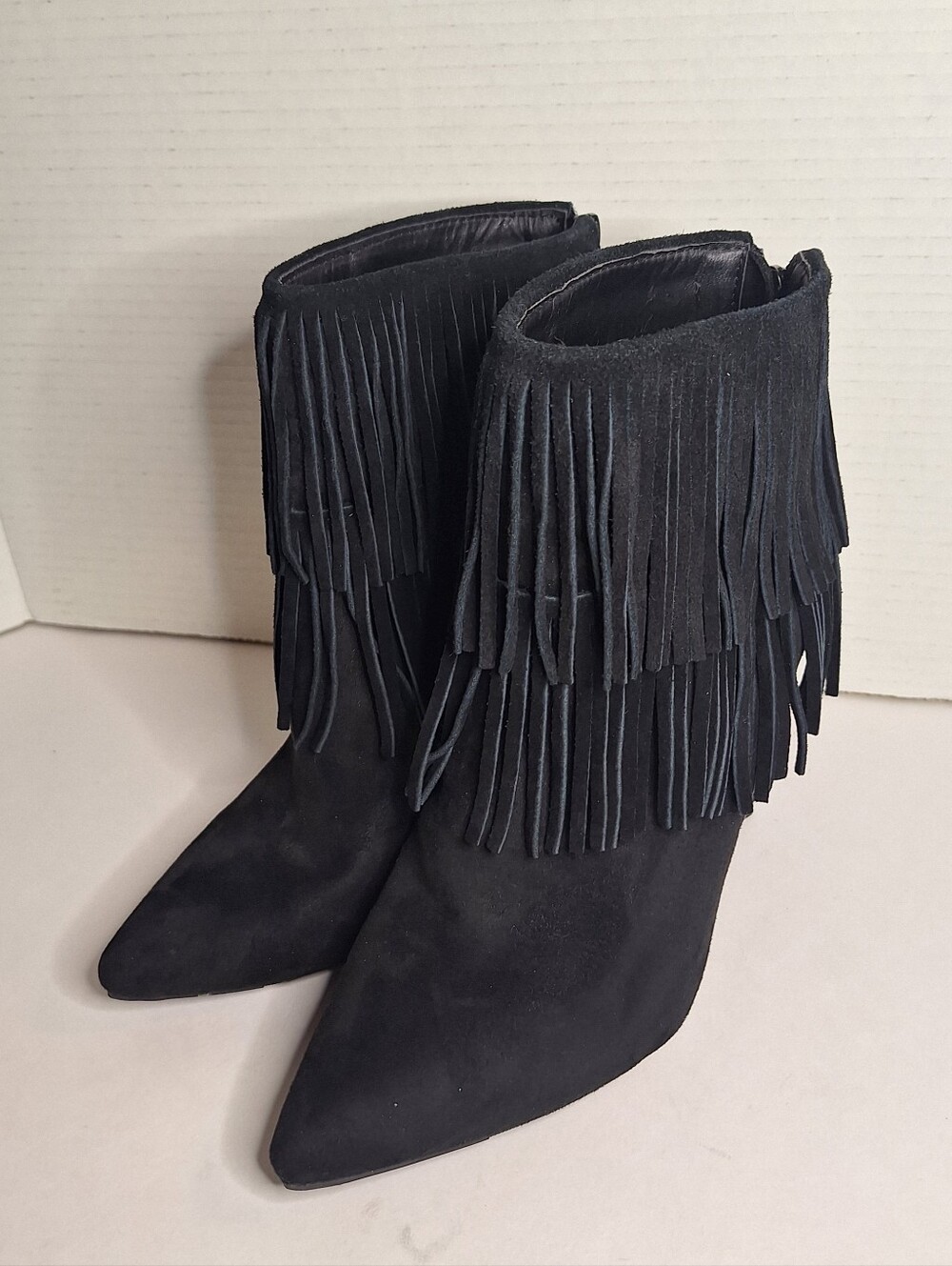 Just fab Ameelia Fringe Ankle Boots Black Size 10 Faux Suede Heel Zip Booties
